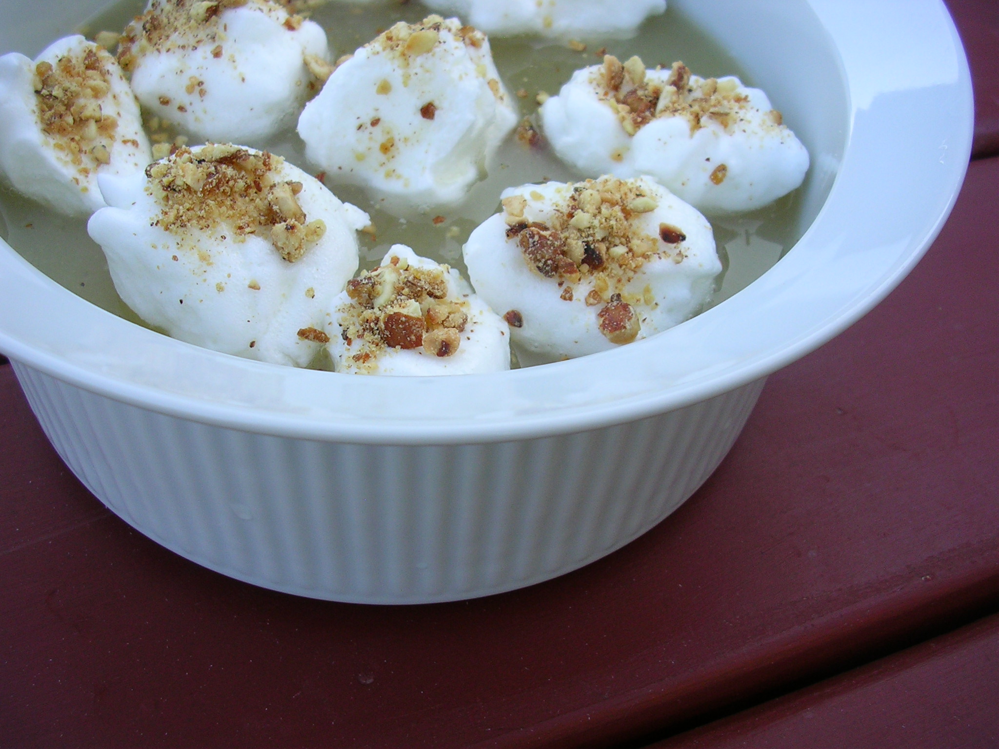 Gooseberry Soup with Floating Islands and Almond Crunch