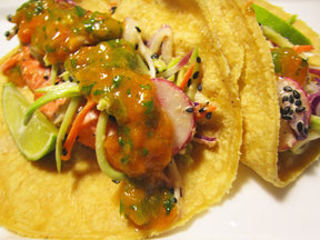 Salmon Tacos with Miso Broccoli Slaw and Apricot Salsa