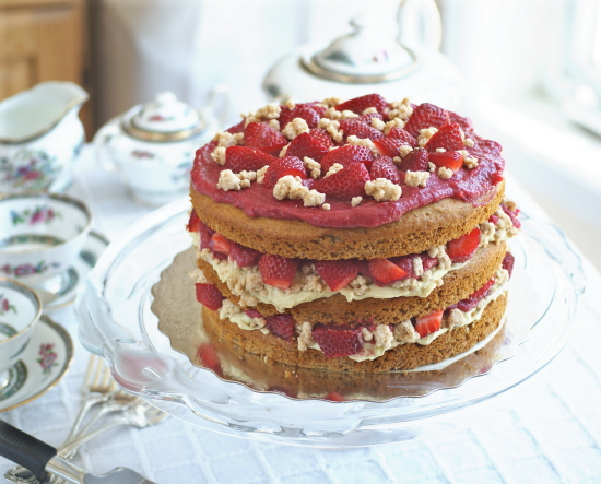 Strawberry Layer Cake with Pastry Cream Filling and "White Chocolate" Covered Cookie Crumbs