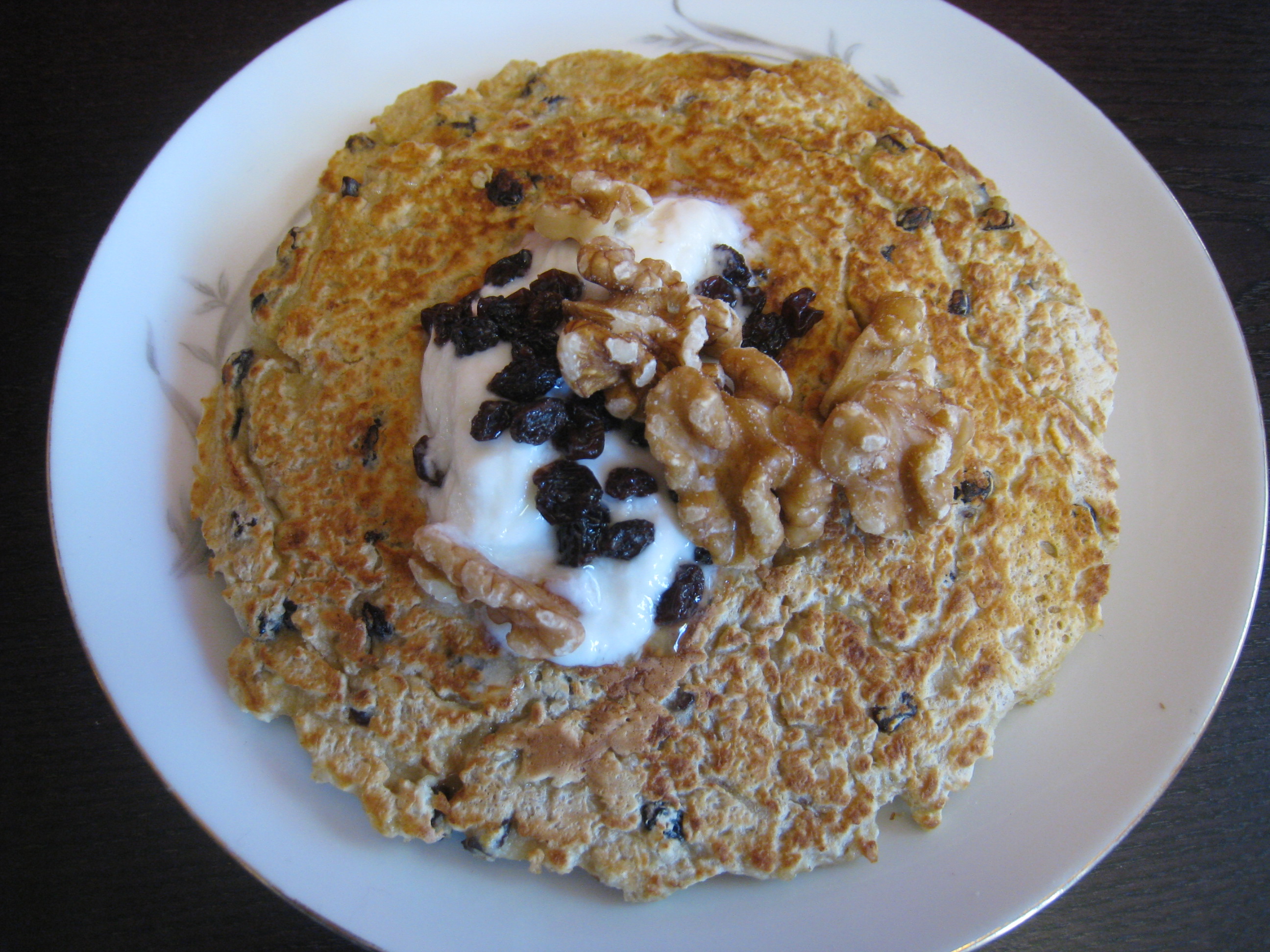 Black Currant Oatmeal Pancakes with Walnuts and Organic Yogurt