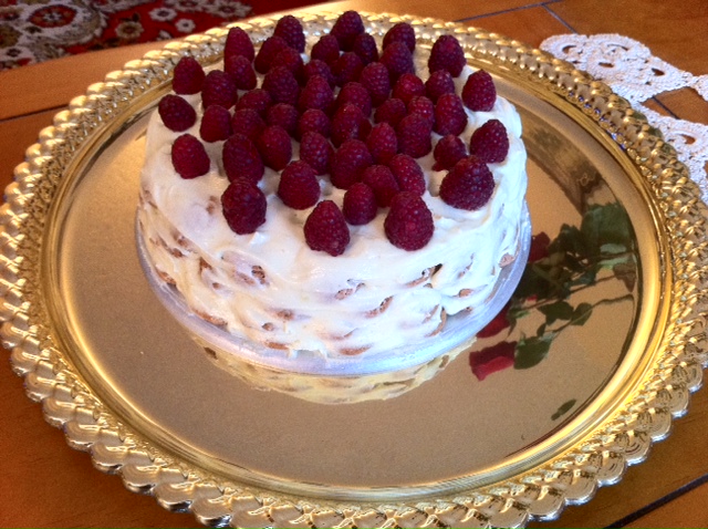 Lemon-Almond Frozen Torte with Raspberry Sauce.