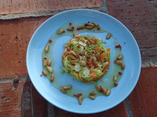 Shredded Raw Brussels Sprouts Salad with Red Peppercorns and Honey Mustard Vinaigrette