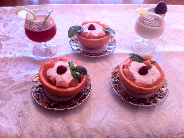 Gingered Grapefruit Baskets Filled with Coconut-Lime Cream and Two Virgin Cocktails. 