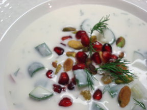 Chilled Persian Yogurt and Cucumber Soup with Pistachio and Pomegranate