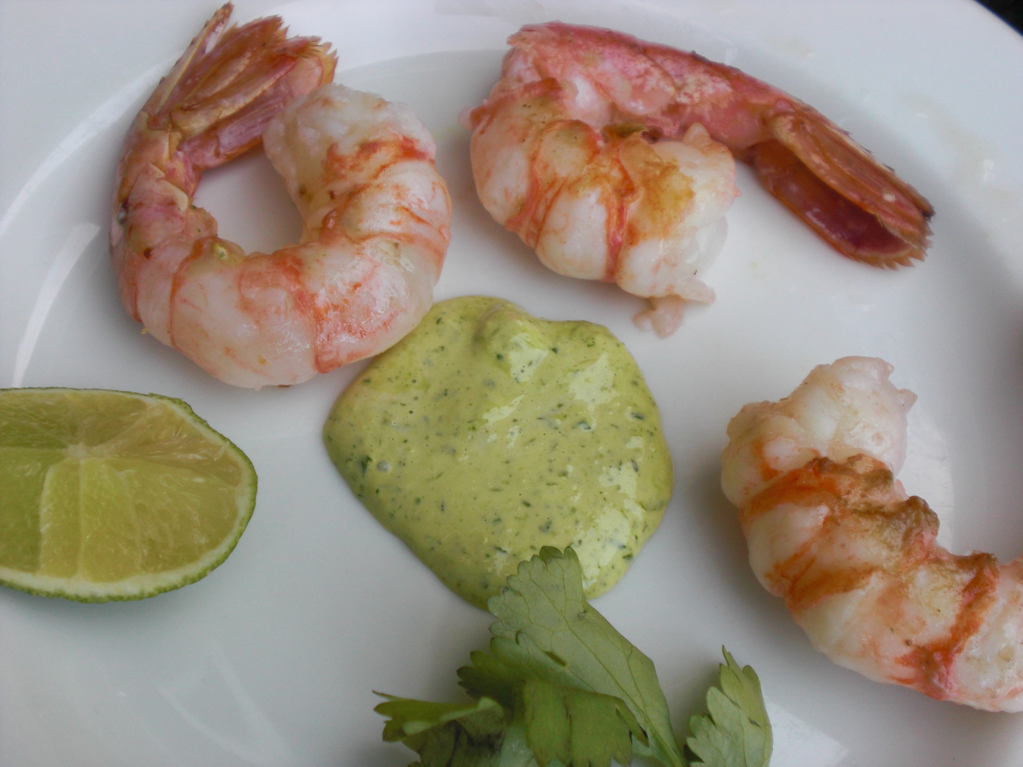 Last of the Season "Grilled" Spot Prawns with Garlic Scape, Cilantro and Lime Aioli