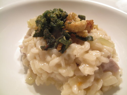 Pork & Cider Risotto with Sage Pesto and Fried Sage and Chestnut Topping