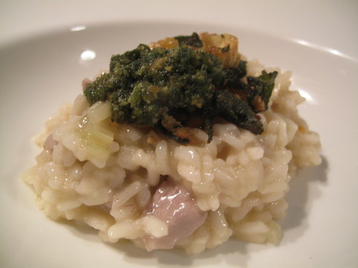 Pork & Cider Risotto with Sage Pesto and Fried Sage and Chestnut Topping