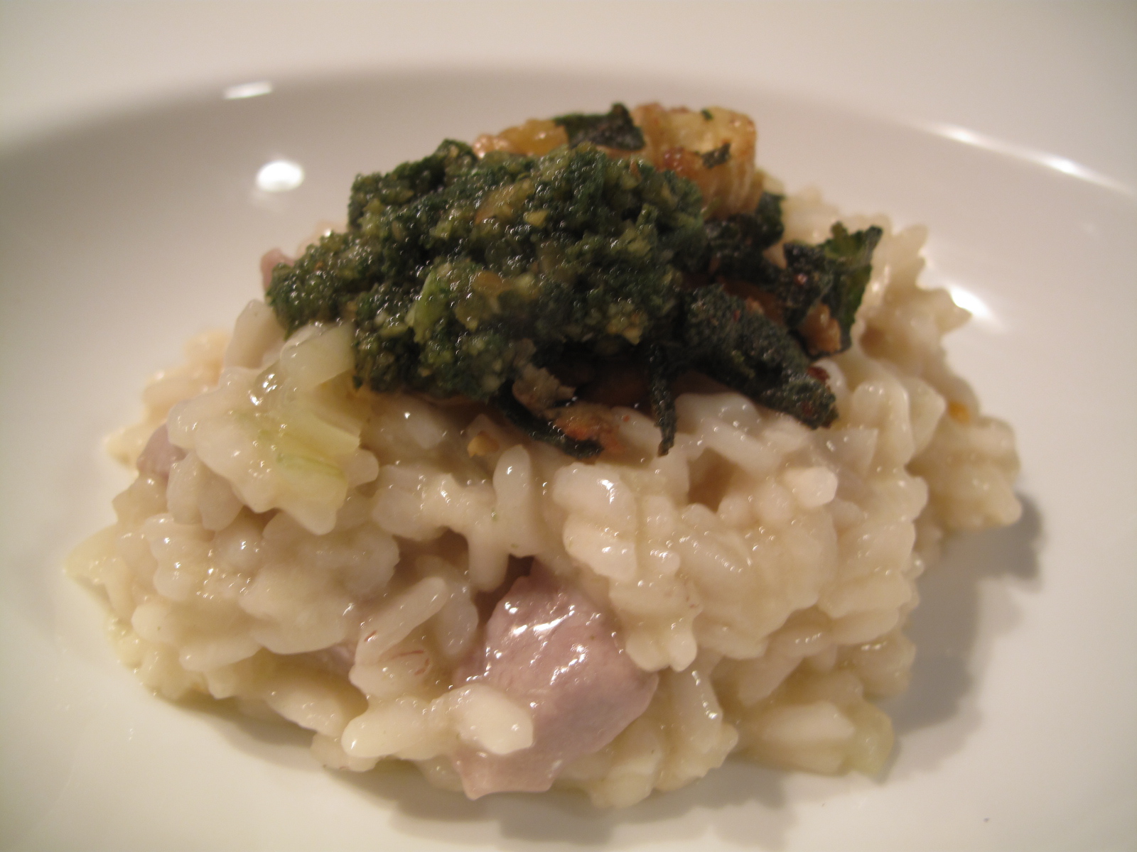 Pork & Cider Risotto with Sage Pesto and Fried Sage and Chestnut Topping