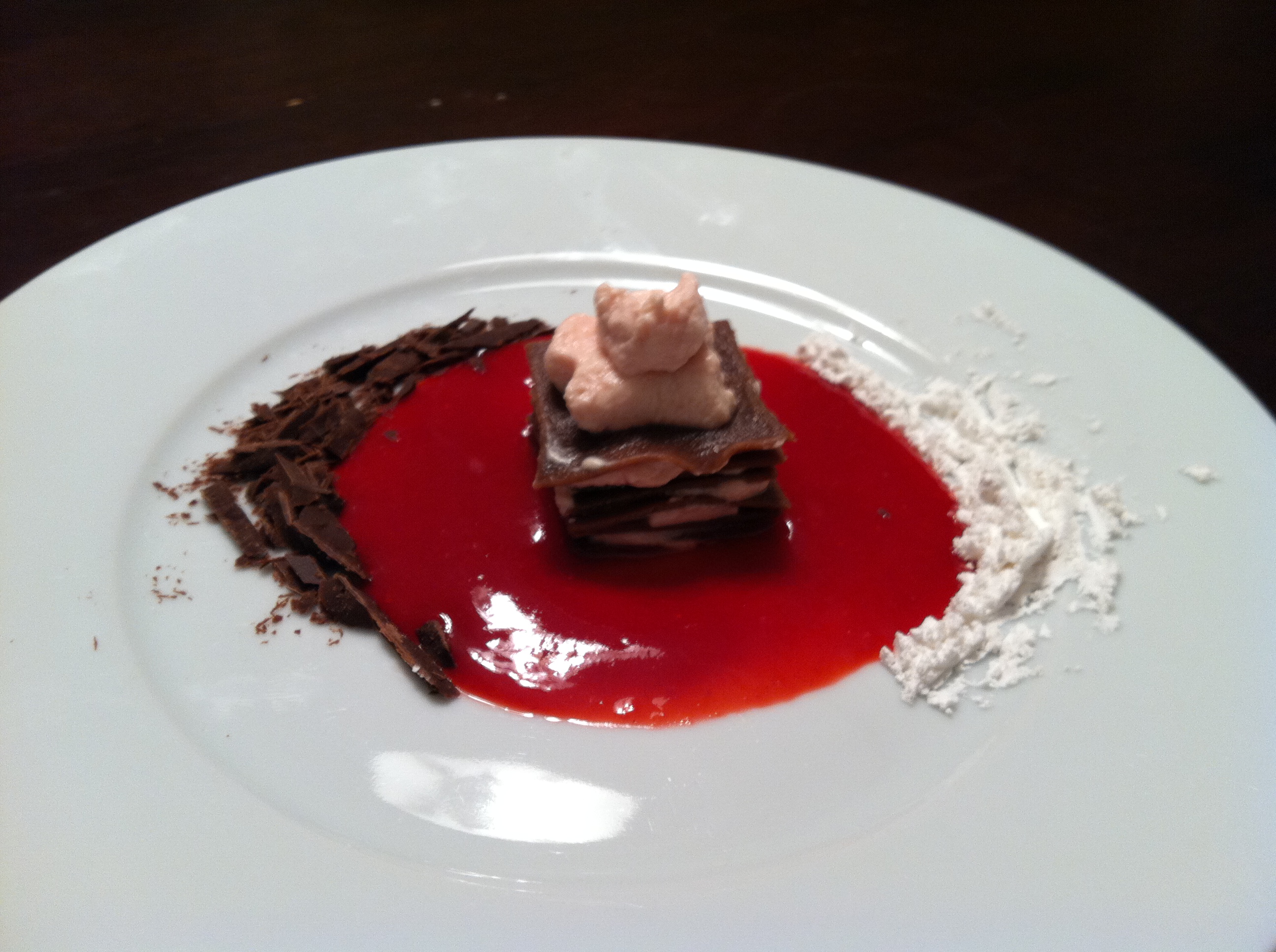 Chocolate Pasta Napolean with Raspberry Coulis and Whipped Cream