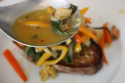 Crostoni with Rainbow Chard, Gypsy Peppers & Black Oil Cured Olives