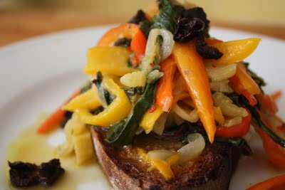 Crostoni with Rainbow Chard, Gypsy Peppers & Black Oil Cured Olives