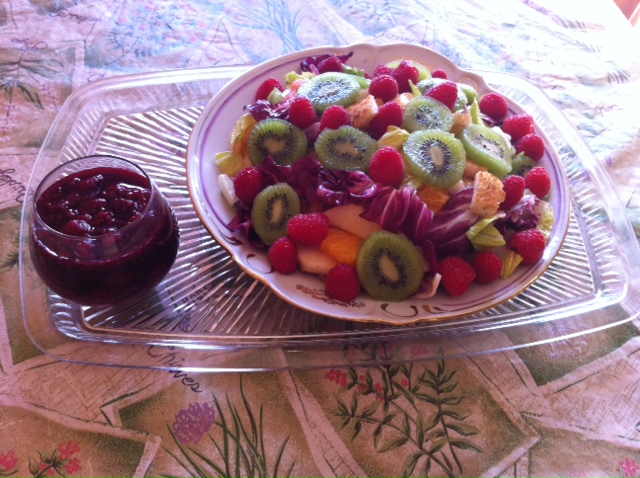 Colorful and Healthful Salad with Raspberry Vinaigrette.