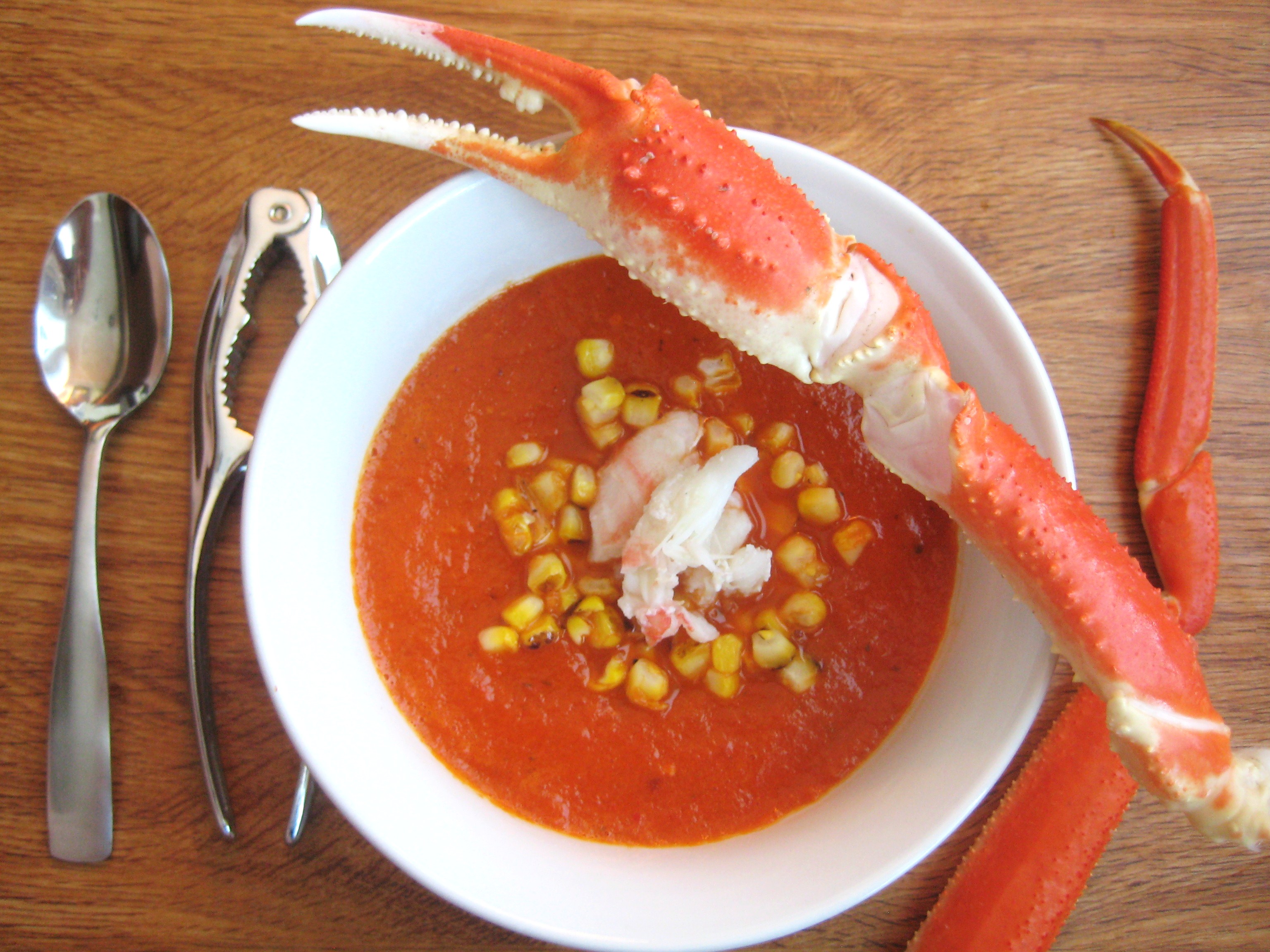 Roasted Red Pepper Soup with Charred Corn and Crab