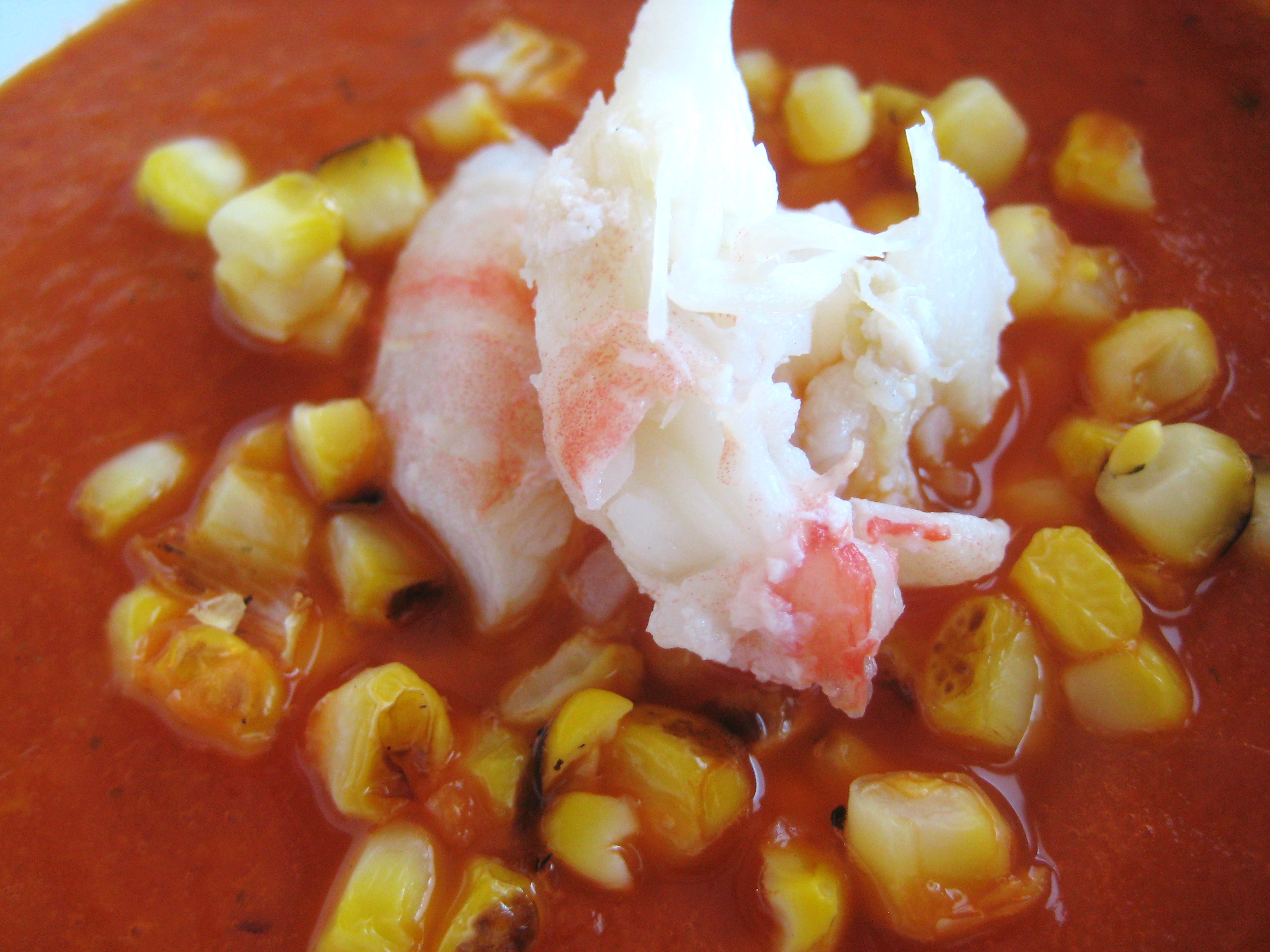 Roasted Red Pepper Soup with Charred Corn and Crab