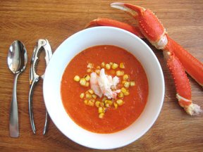 Roasted Red Pepper Soup with Charred Corn and Crab