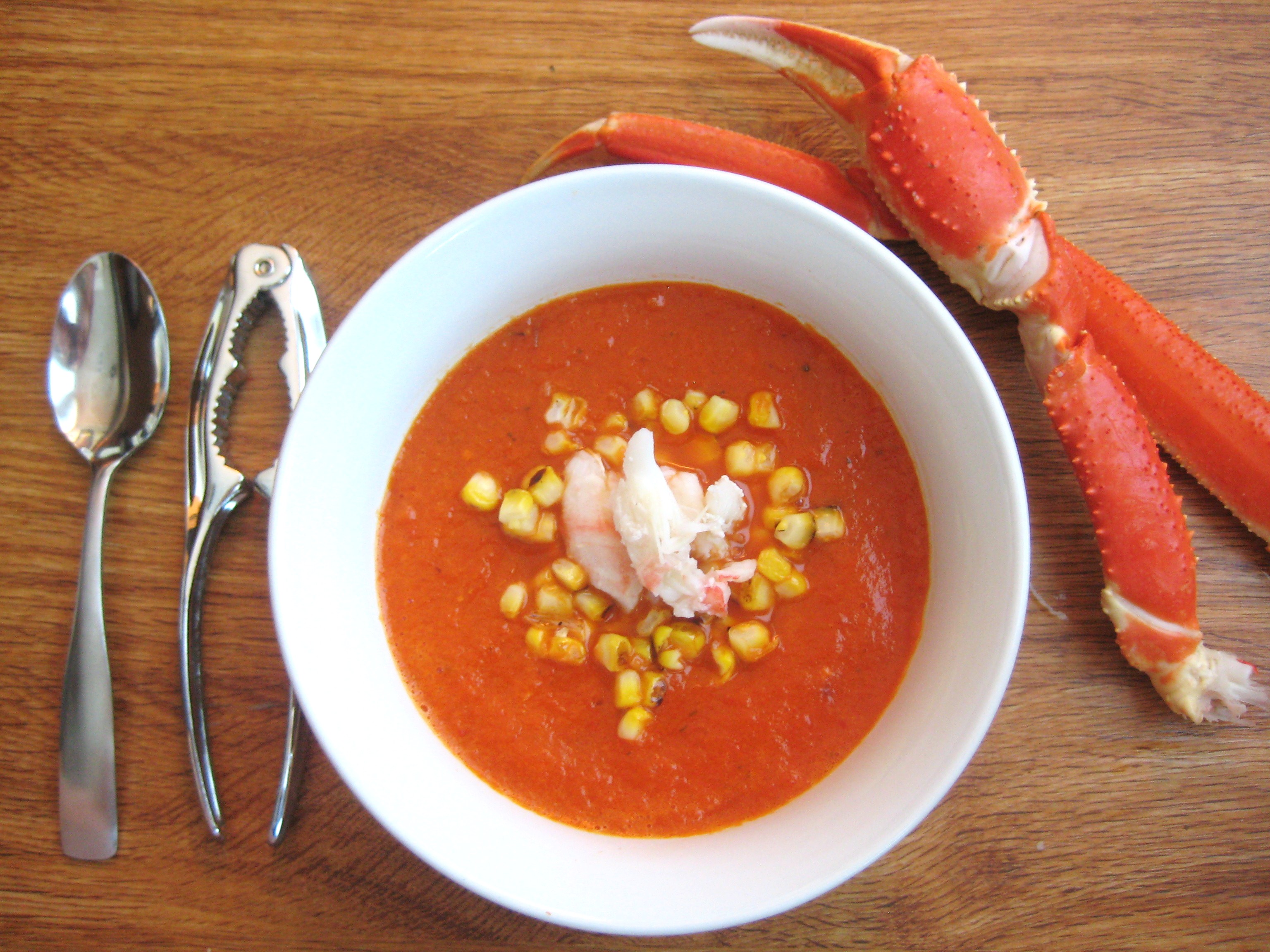Roasted Red Pepper Soup with Charred Corn and Crab