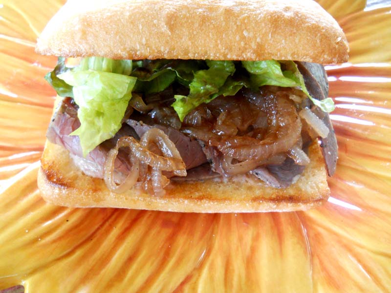 Grilled Flank Steak Sandwich with Sweet Onion Marmalade and Pear Horseradish Mustard