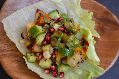Grilled summer salad with a citrus & pomegranate molasses dressing.