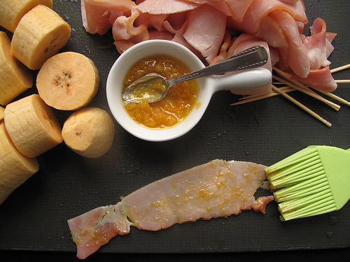 Bacon-rolled Plantains with Yellow chilli Sauce