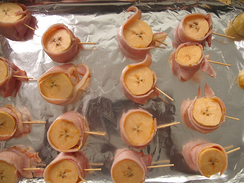 Bacon-rolled Plantains with Yellow chilli Sauce