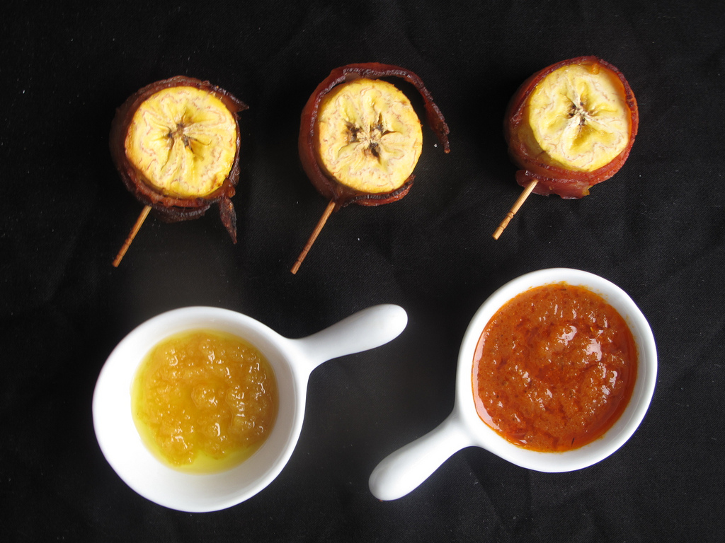 Bacon-rolled Plantains with Yellow chilli Sauce