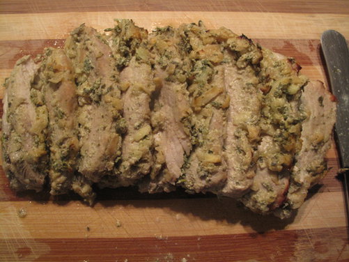 Pork Hassleback with fresh poultry seasoning and cider