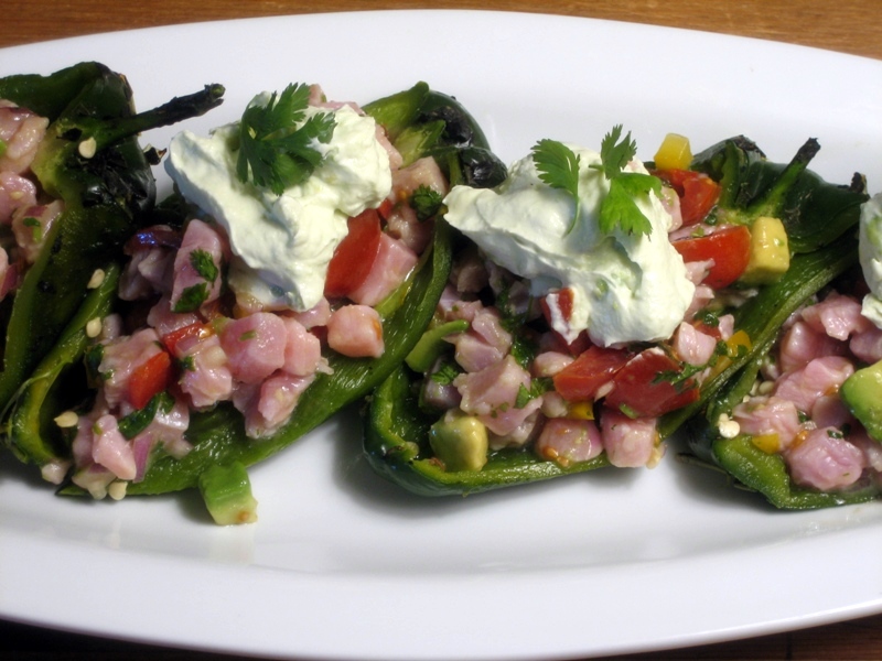 Tuna Ceviche Chile Rellenos with Avocado Crema
