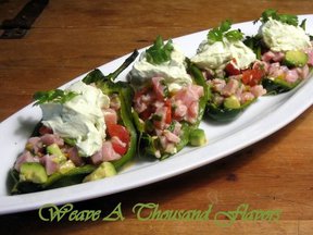 Tuna Ceviche Chile Rellenos with Avocado Crema