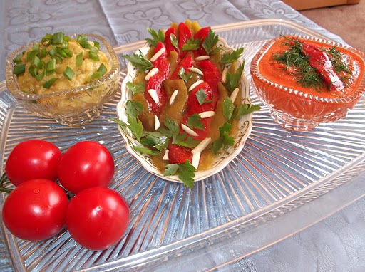 Mixed Pepper Appetizer with Fresh Tomato Sauce and Zucchini Caviar 