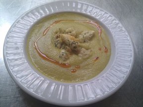 Summer Sweet Corn Bisque with Tempura Blue Crab and Cayenne Oil