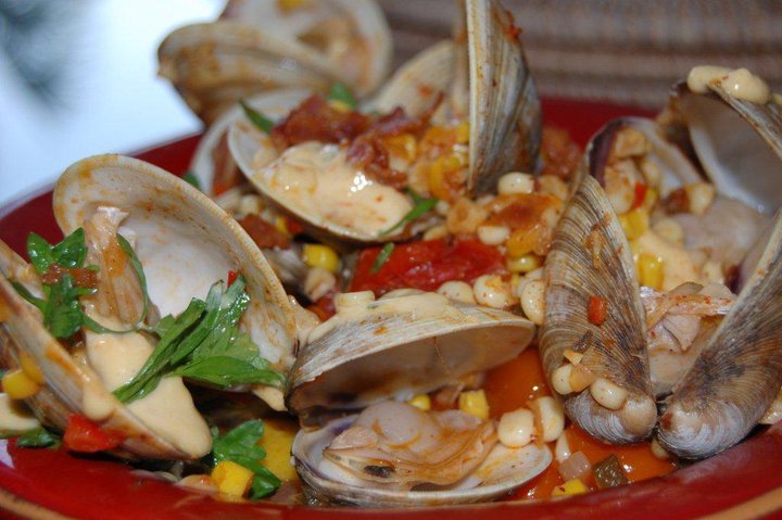 Grilled or Steamed Clams with Corn and Linguica