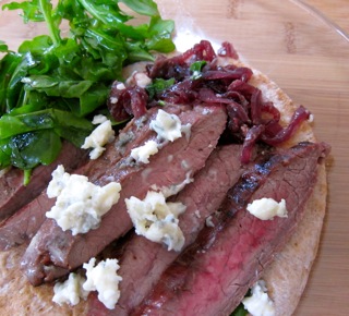 Open Face Steak Sandwich with Red Onion Jam and Blue Cheese