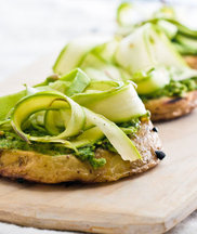 Grilled Potato Rounds with Pesto and Shaved Asparagus