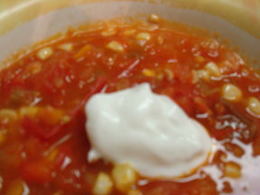 Farm Stand Tomato Soup with Corn Nuggets and Fresh Bay 