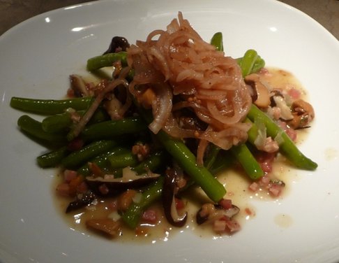 Panctta and Cider Vinegratte Green Beans with Pickled Onions 