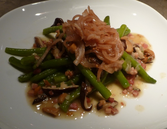 Panctta and Cider Vinegratte Green Beans with Pickled Onions