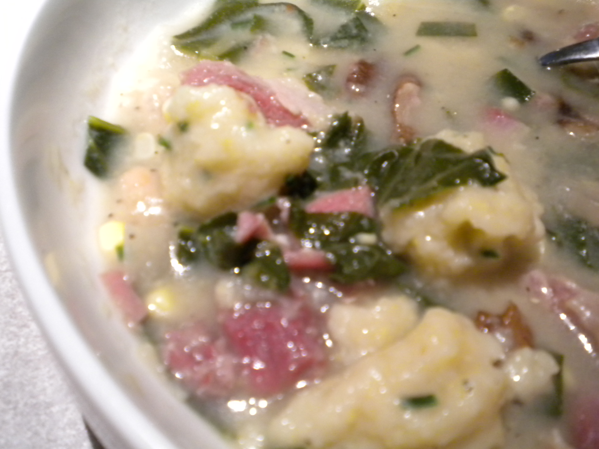 Fresh Corn Dumplings with Smoky Greens, Beans and Corn Soup