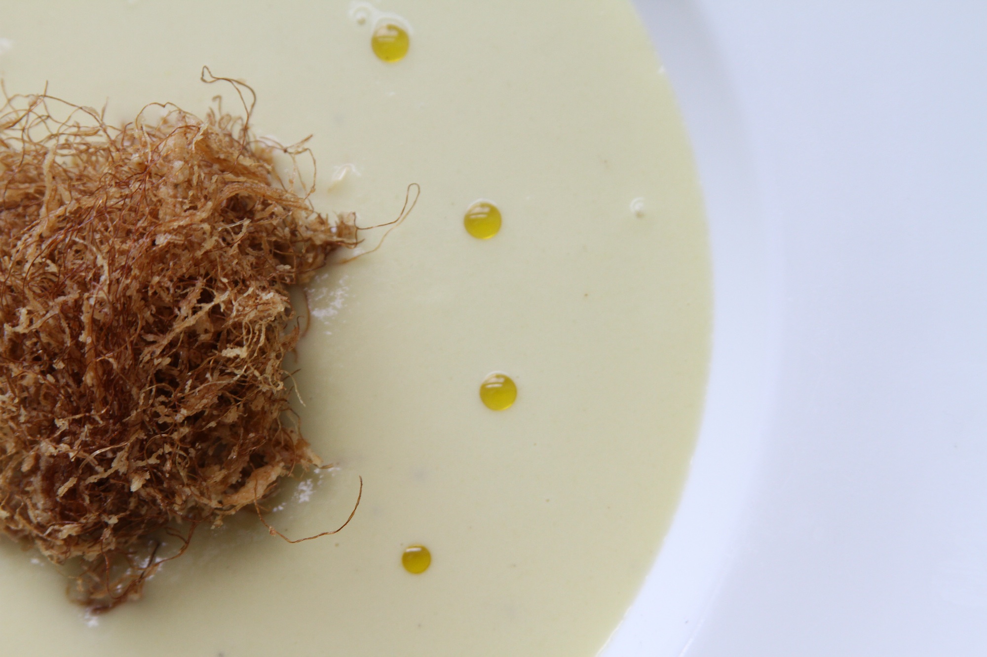 Corn and potato leek soup with beer battered corn silk