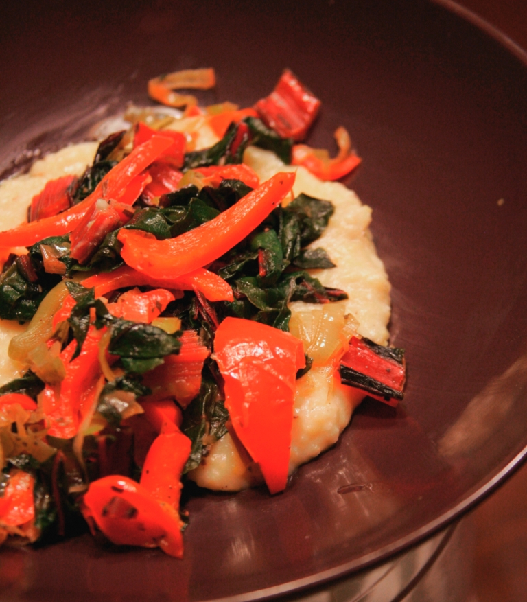 Swiss Chard, Leek and Red Pepper Sautee over Cheesy Polenta