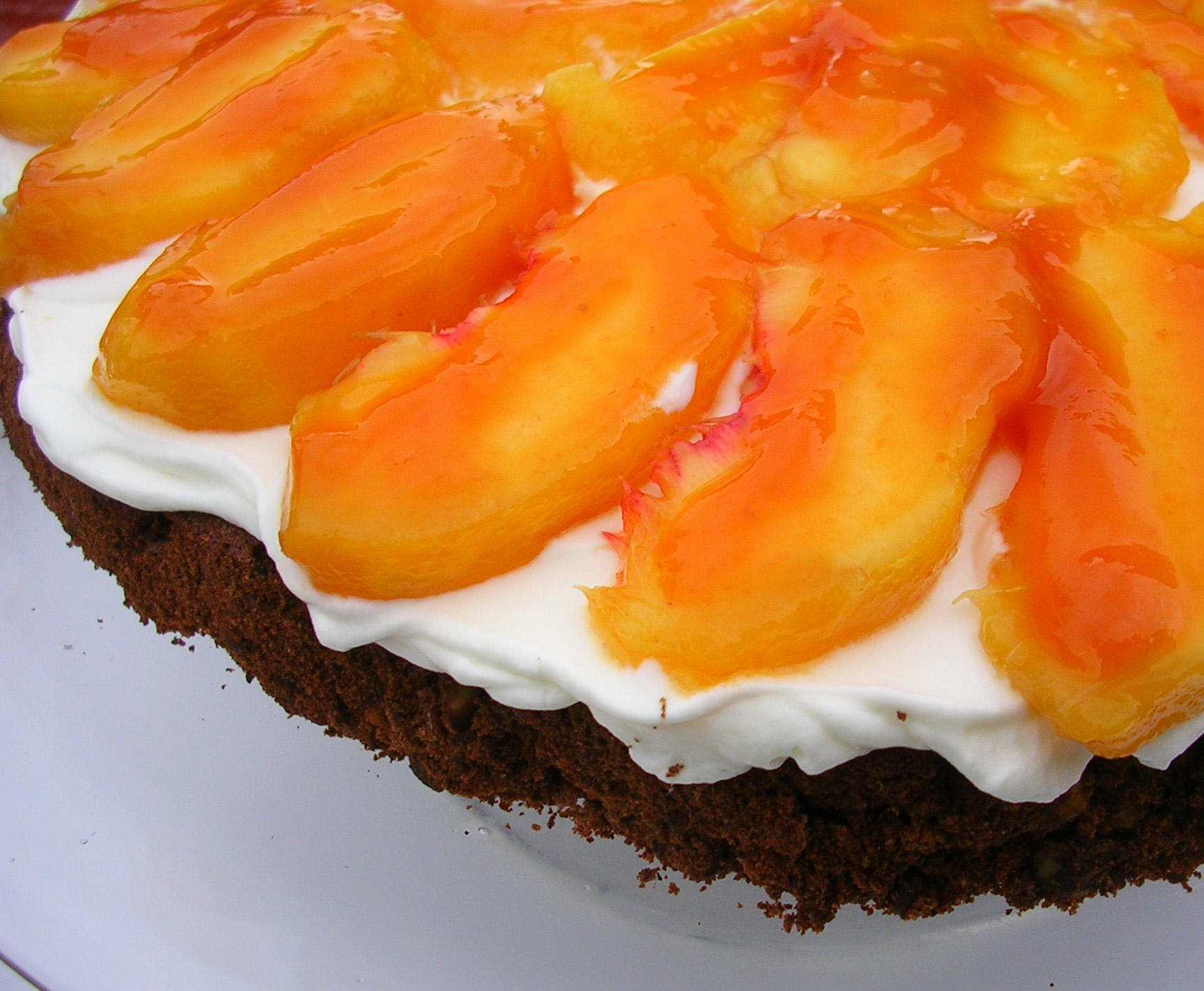 Chocolate Hazelnut Cake with Peaches and Cream