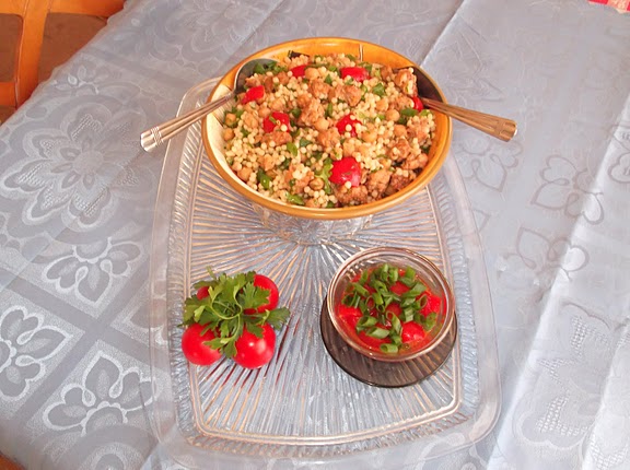 Warm Couscous, Sausage and Chickpea Salad with Cherry Tomato Vinaigrette