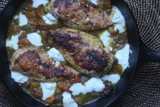 Seared Chicken Breasts with Cherry Tomato Pan Sauce and Fresh Mozzarella