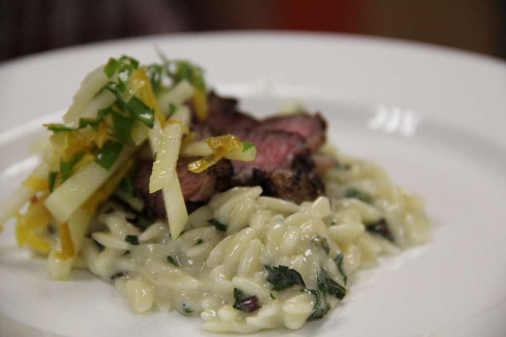 Tea Rubbed Lamb with Taleggio Orzo and Kohlrabi Slaw