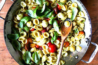 Orecchiette with Sautéed Cherry Tomatoes, Mozzarella and Basil Pesto