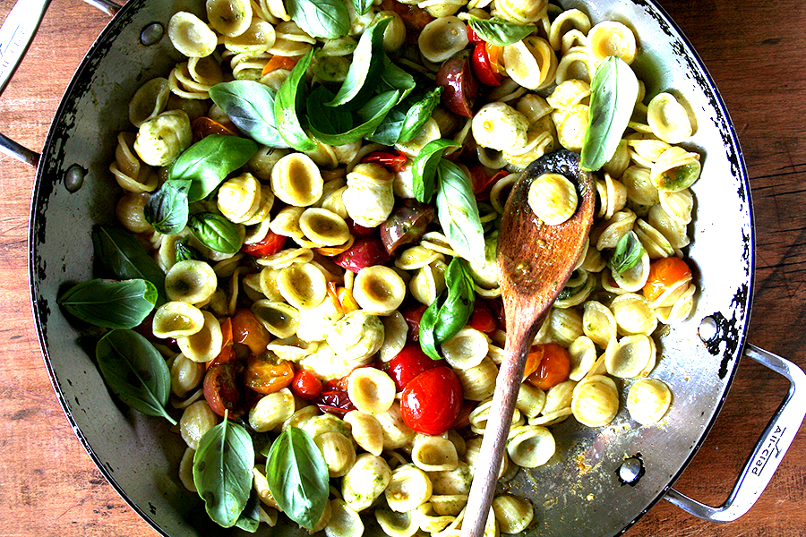 Orecchiette with Sautéed Cherry Tomatoes, Mozzarella and Basil Pesto