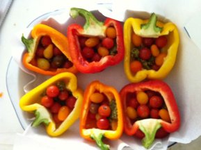 A roasted cherry tomato party in a bowl.