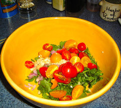 Semi-Cooked Cherry Tomatoes, Wild Watercress & Fresh Mozzarella for Bucatini