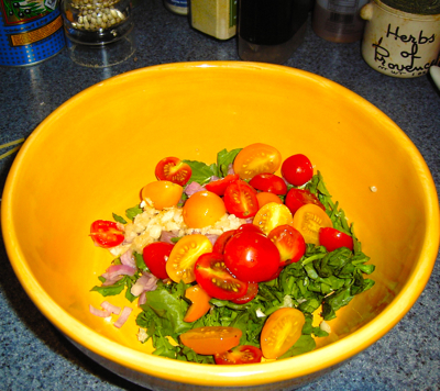 Semi-Cooked Cherry Tomatoes, Wild Watercress & Fresh Mozzarella for Bucatini