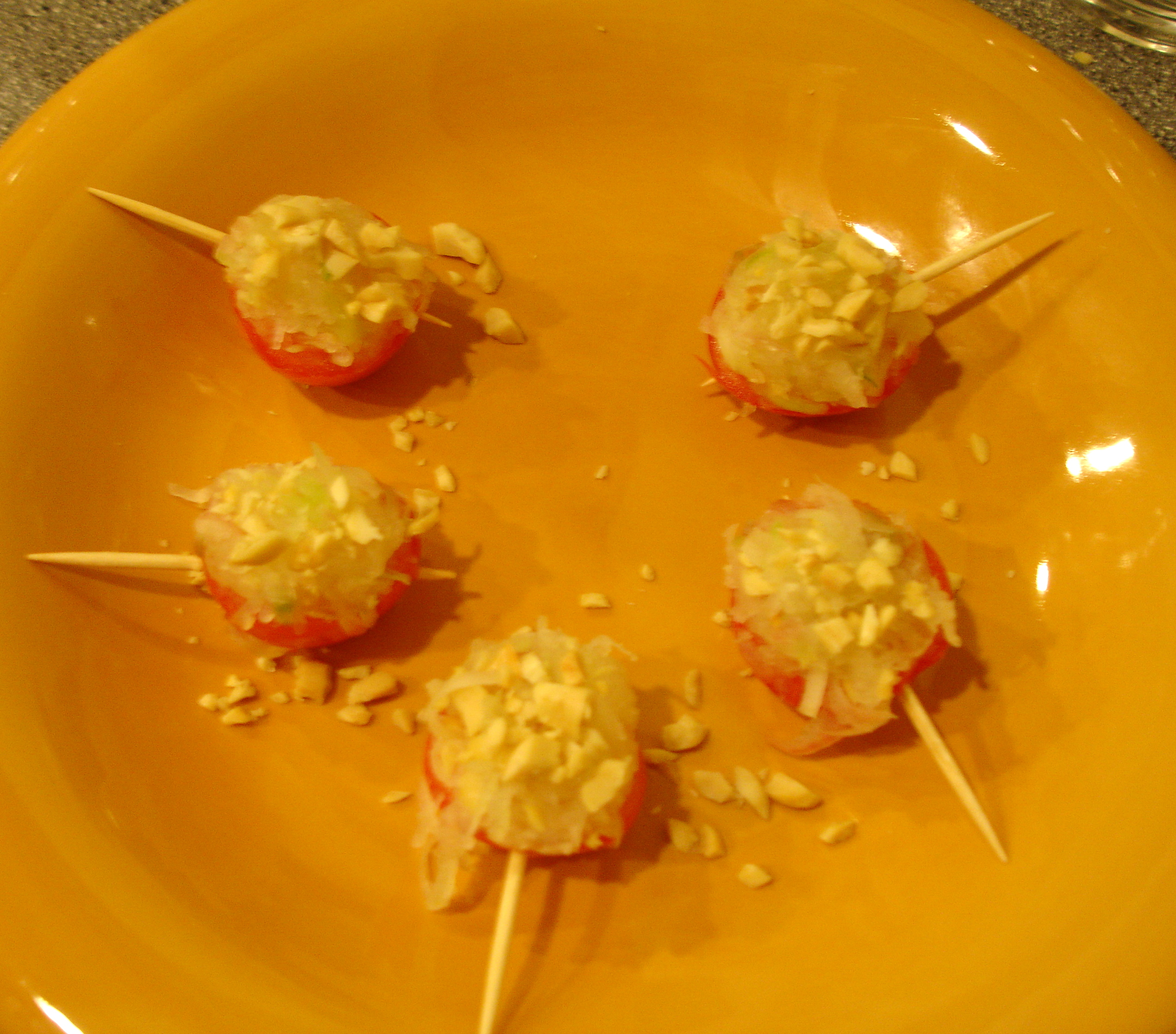 Pickled Papaya Stuffed Cherry Tomatoes