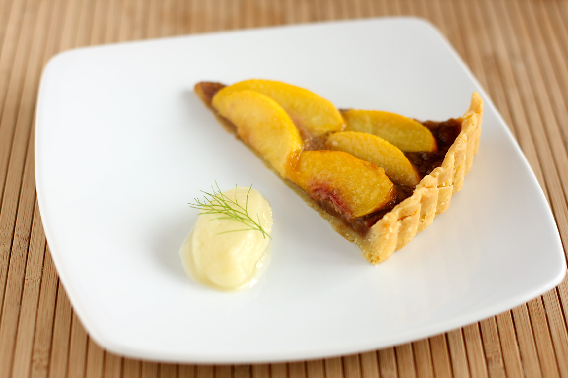 Peach and Almond Toffee Tart with Fennel Sorbet